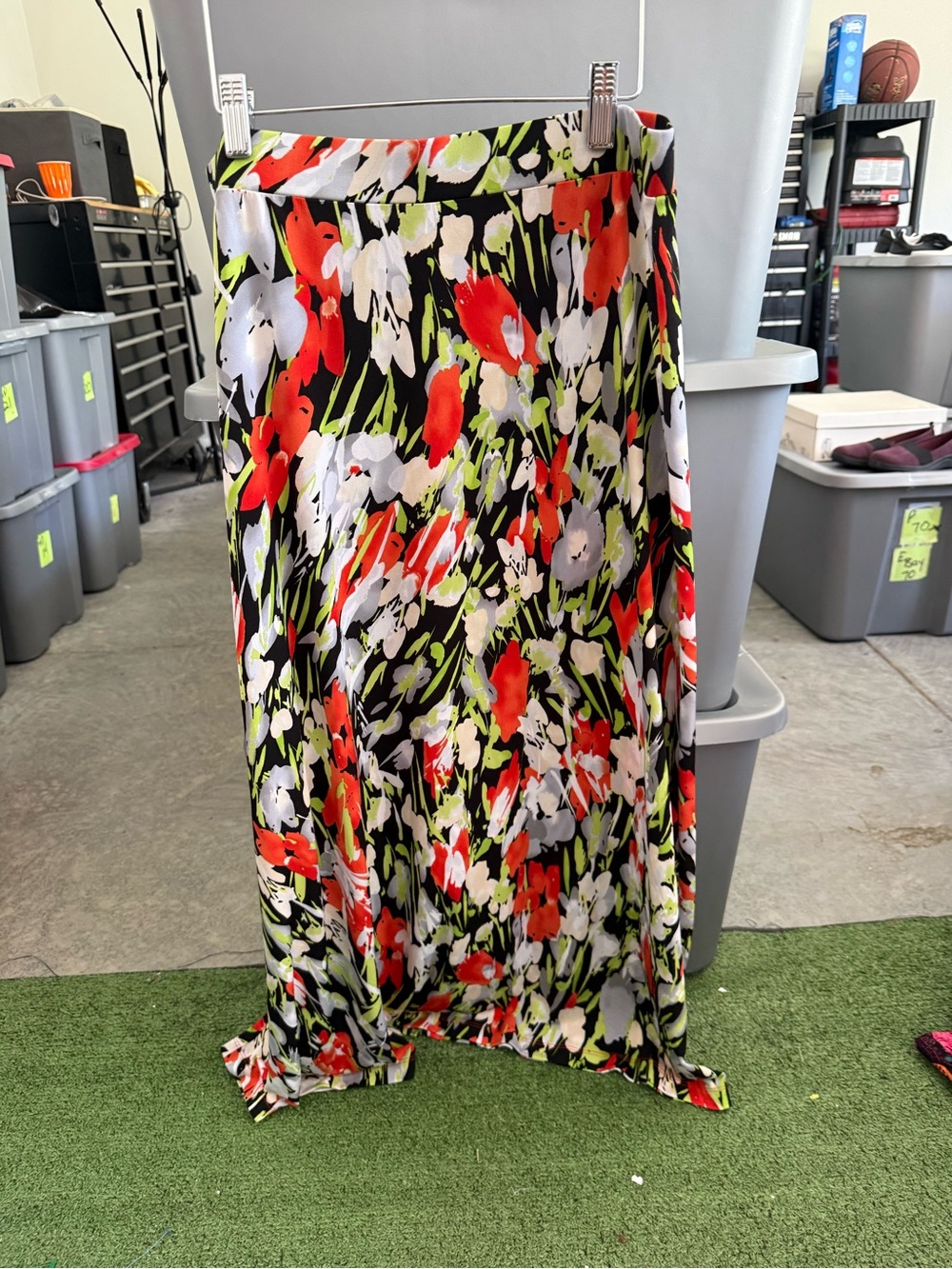 Floral Satin Maxi Skirt - Black with Red & White Floral Print mp75